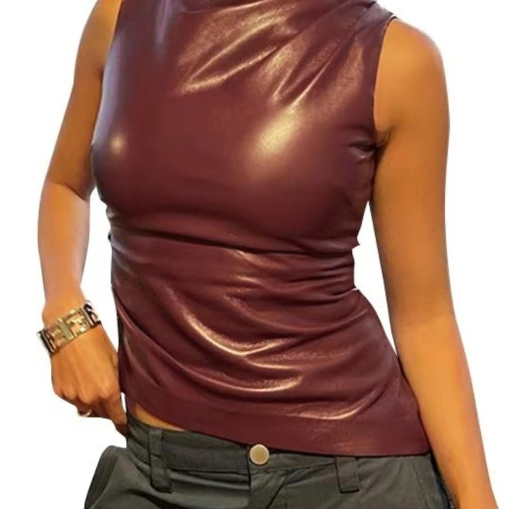 Ruched Mock Neck Asymmetrical Hem Leather Tank Top